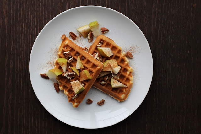 Waffles, Fresh Pears and Toasted Pecans