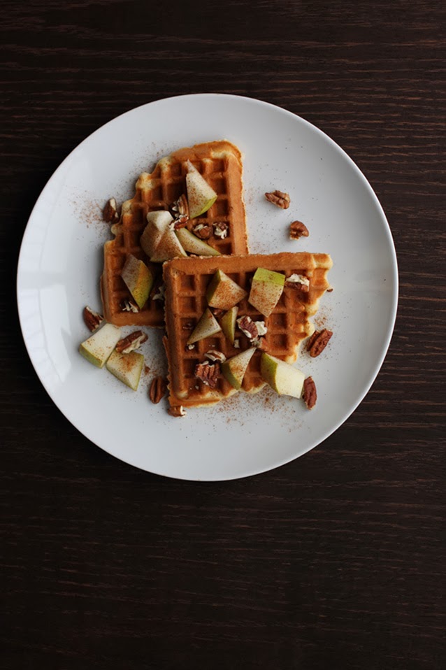 waffles with fresh pears and toasted pecans