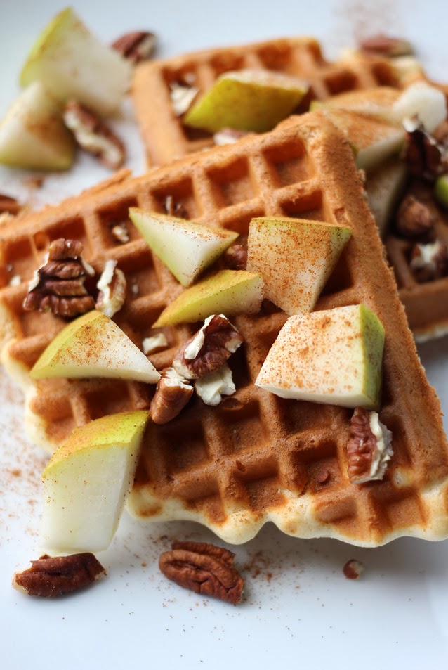 waffles with fresh pears and toasted pecans