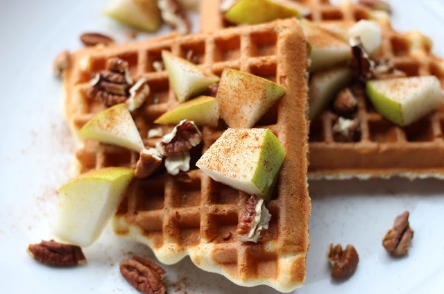waffles with fresh pears and toasted pecans