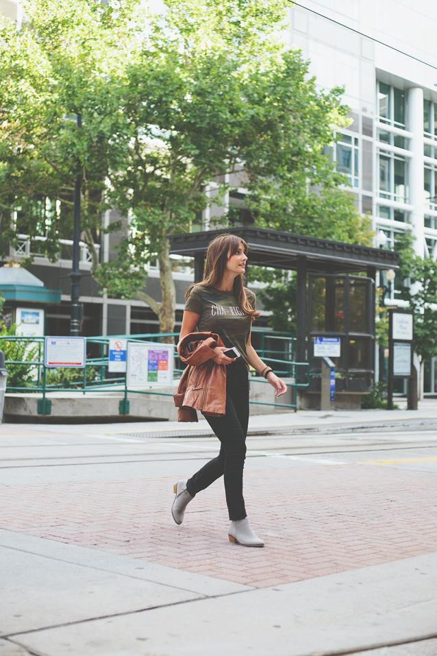 camo graphic tee + high rise denim