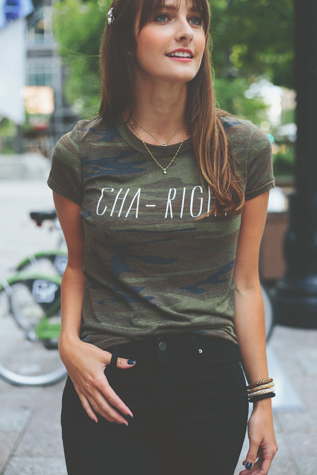 camo graphic tee + high rise denim