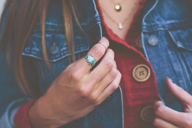 cable knit sweater and jeans
