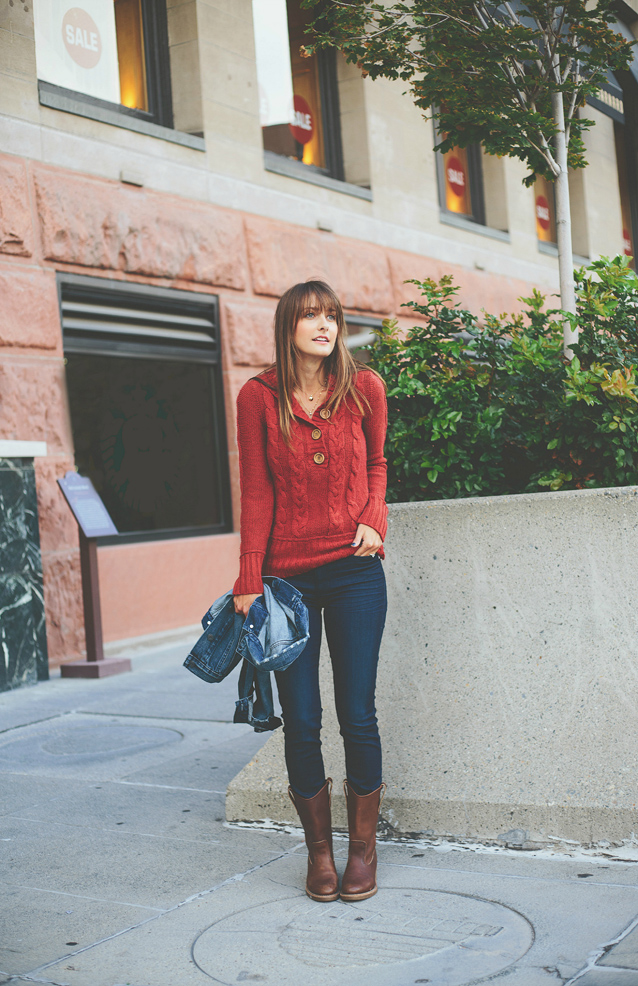 cable knit sweater and jeans