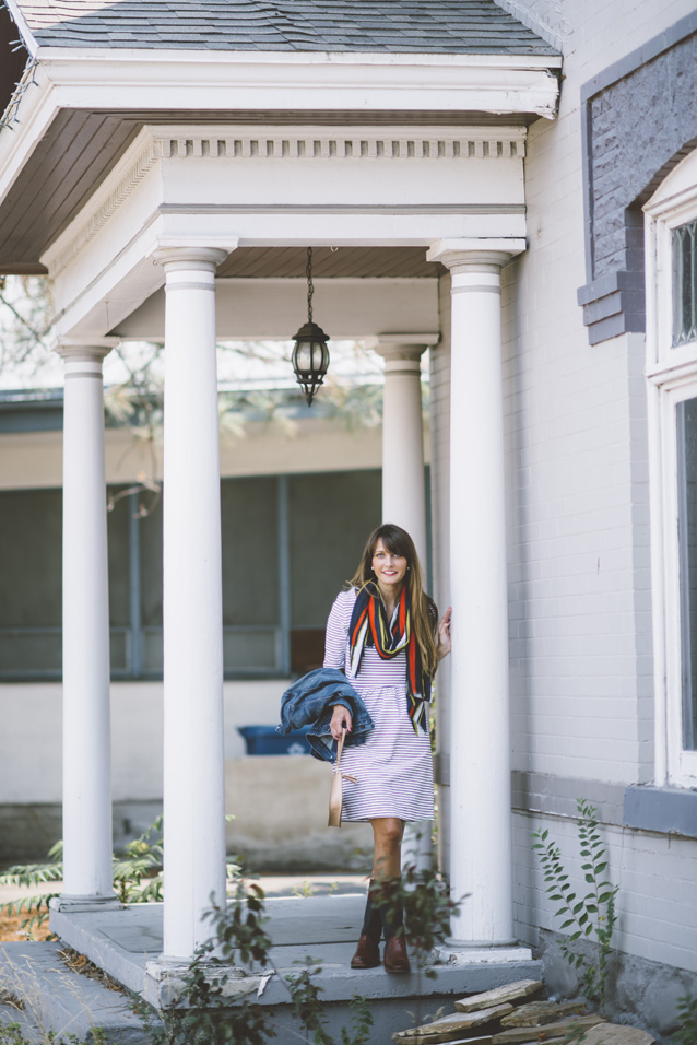 finding beautiful truth, dress with denim, fall style