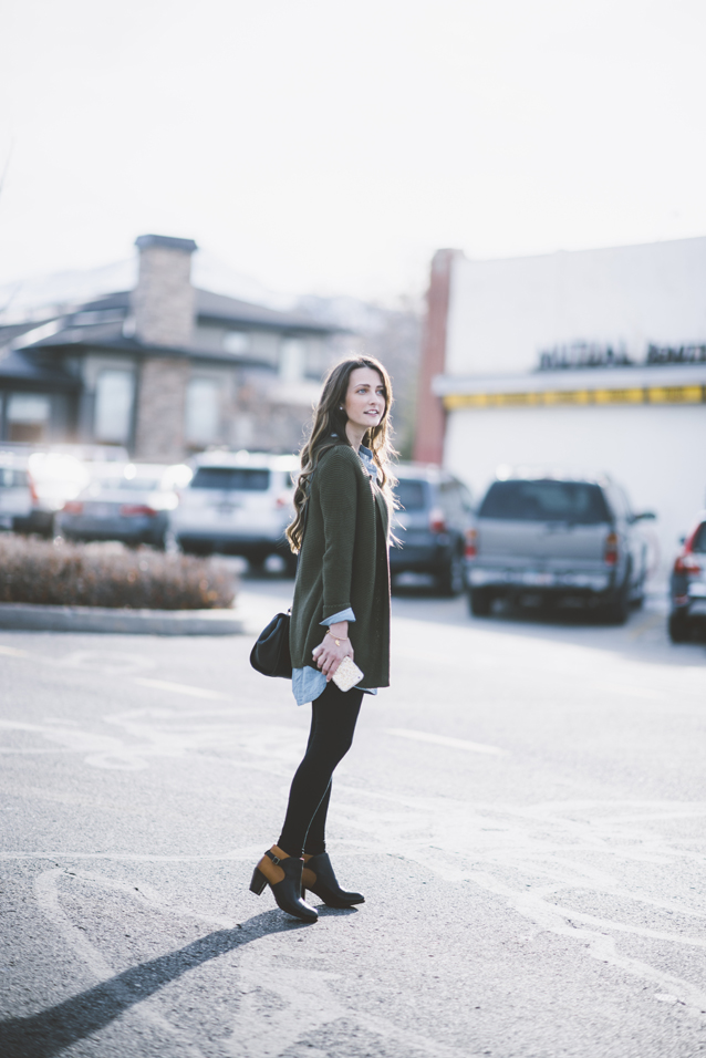 denim shirt dress, sweater coat, finding beautiful truth