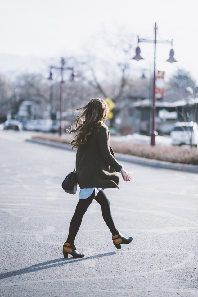 denim shirt dress, sweater coat, finding beautiful truth