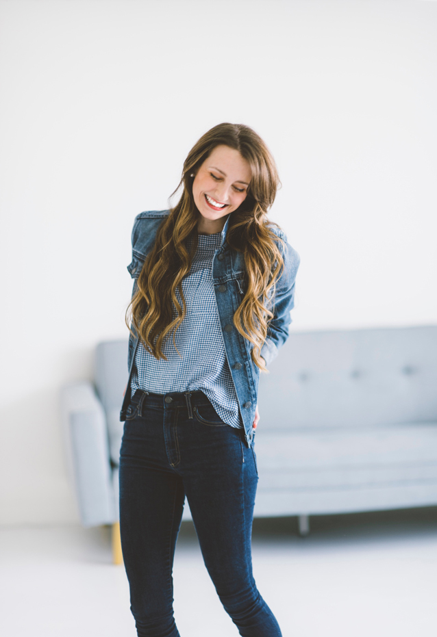 denim jacket, finding beautiful truth, gingham top