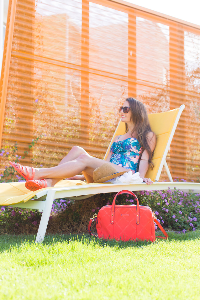 palm springs getaway, finding beautiful truth, tropical swimsuit, vera bradley satchel