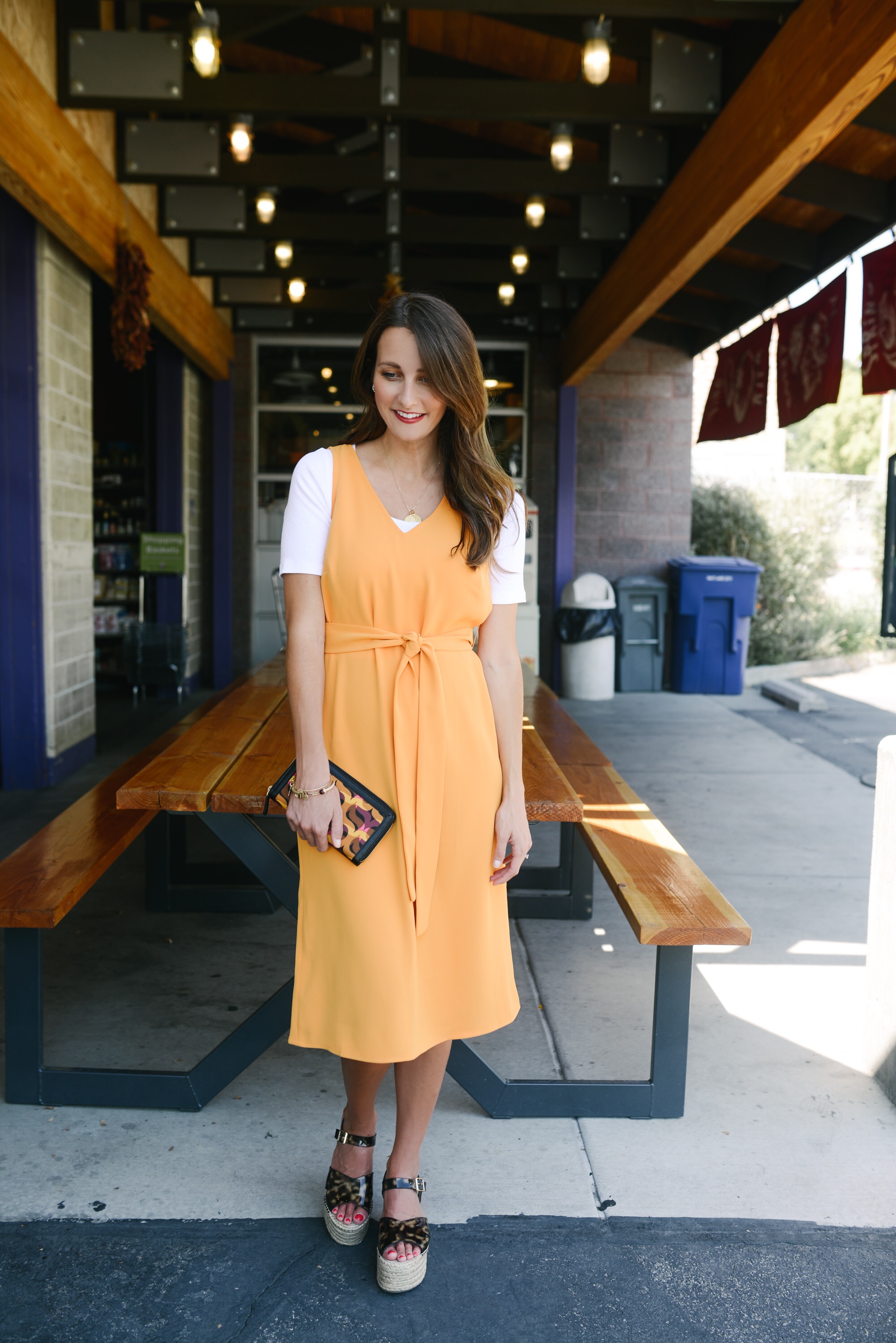 mustard midi dress for fall via Finding Beautiful Truth