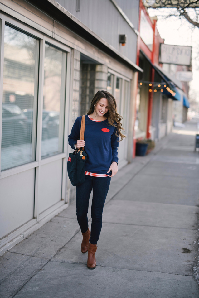 casual heart sweatshirt styled with stripes | via Finding Beautiful Truth