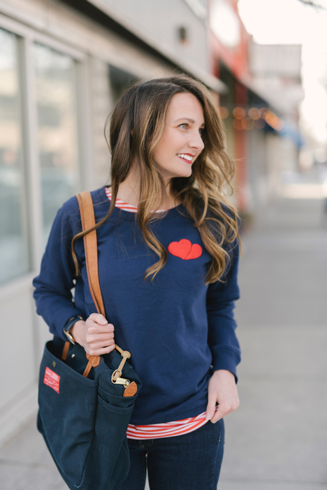 casual heart sweatshirt styled with stripes | via Finding Beautiful Truth