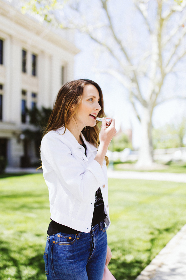 graphic tee styled with a white denim jacket | via Finding Beautiful Truth