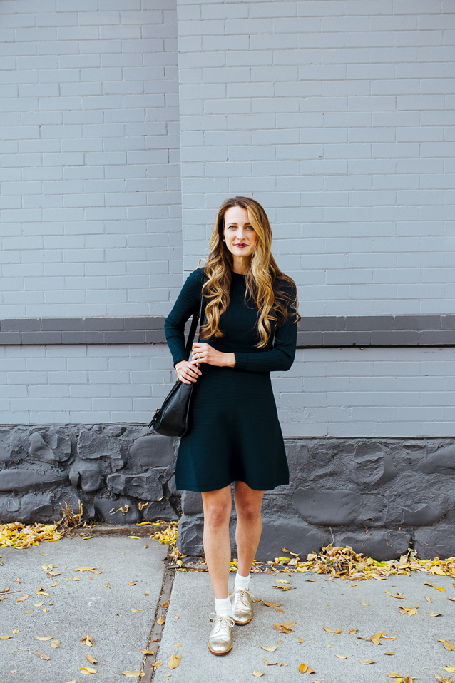 celebrating sweater dress season in gold metallic shoes | holiday ready via Finding Beautiful Truth