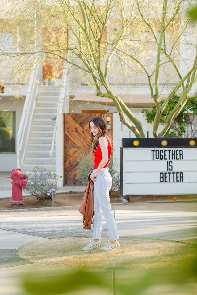 red one piece swimsuit in palm springs | via Finding Beautiful Truth