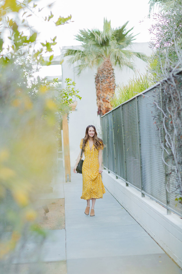 yellow midi dress in Palm Springs, California | Finding Beautiful Truth