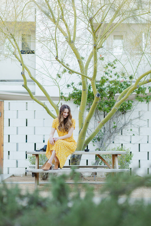 yellow midi dress in Palm Springs, California | Finding Beautiful Truth